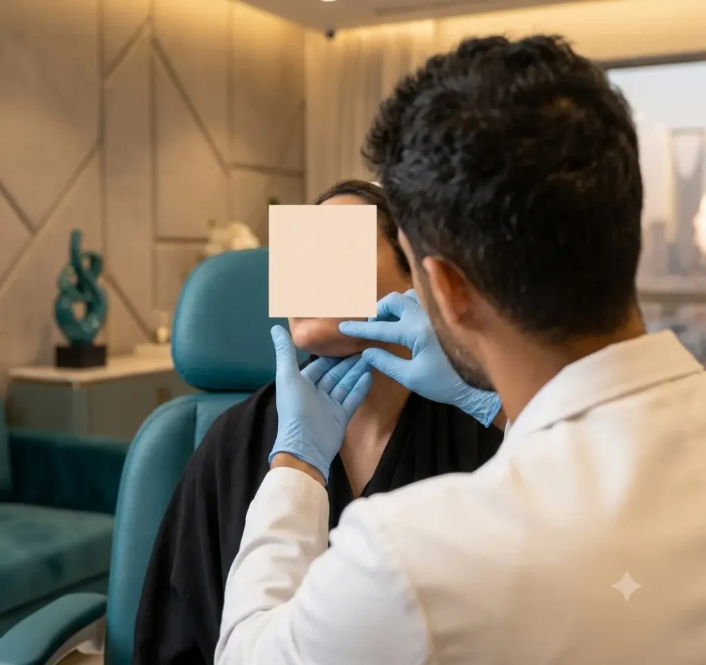 الدكتور حسن النعيم جراح التجميل الحاصل على البورد الكندي خلال تقييم منطقة الرقبة والذقن