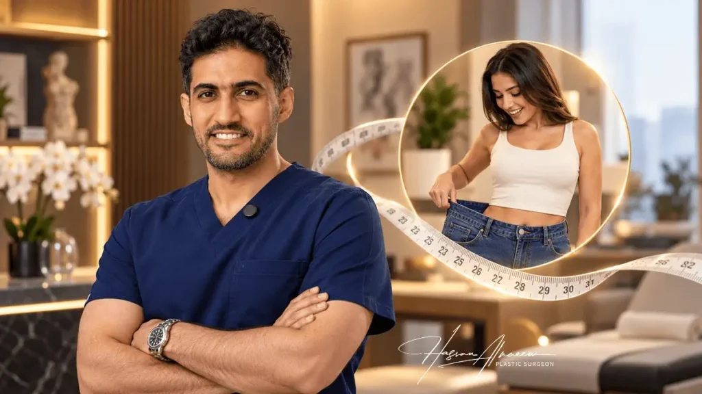 د  حسن النعيم استشاري التجميل، وامرأة تمسك بنطالًا واسعًا بعد نزول الوزن، تعبيرًا عن شد الجسم بعد التكميم