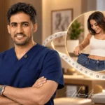 د  حسن النعيم استشاري التجميل، وامرأة تمسك بنطالًا واسعًا بعد نزول الوزن، تعبيرًا عن شد الجسم بعد التكميم