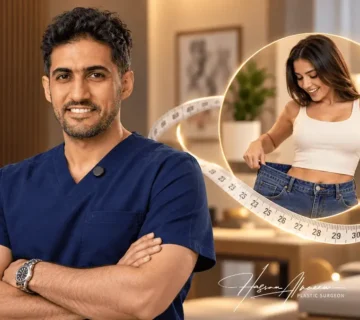 د  حسن النعيم استشاري التجميل، وامرأة تمسك بنطالًا واسعًا بعد نزول الوزن، تعبيرًا عن شد الجسم بعد التكميم