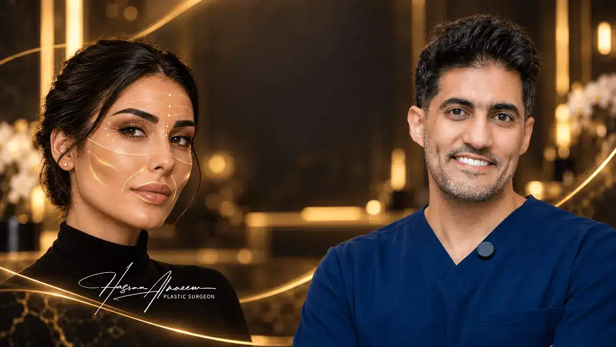 د  حسن النعيم استشاري جراحة التجميل في الرياض مع رسم توضيحي لمناطق البوتوكس والفيلر في الوجه – الفرق بين البوتوكس والفيلر