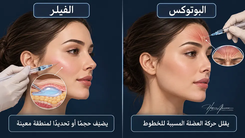 رسم توضيحي يقارن طريقة عمل البوتوكس الذي يقلل حركة عضلة الجبهة، والفيلر الذي يضيف حجمًا تحت الجلد في منطقة الخد