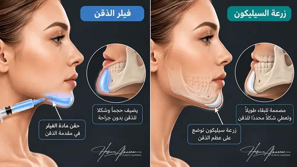 رسم توضيحي يقارن فيلر الذقن بالحقن في مقدمة الذقن وزرعة السيليكون على عظم الذقن – ليس صورة مريض