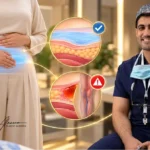 مخاطر عملية شد البطن: د  حسن النعيم استشاري جراحة التجميل مع رسم توضيحي يفرّق بين أعراض التعافي المتوقعة وعلامات التحذير بعد الجراحة