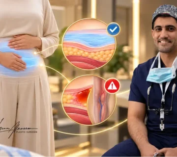 مخاطر عملية شد البطن: د  حسن النعيم استشاري جراحة التجميل مع رسم توضيحي يفرّق بين أعراض التعافي المتوقعة وعلامات التحذير بعد الجراحة